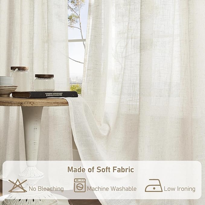 LAMIT Kitchen Semi Sheer Linen Curtains 24 Inch Long, Light Filtering Panels Back Tab and Rod Pocket Neutral Drapes for Cafe/Bathroom/Small Window, Natural, 2 Panels, 34 x 24 Inch