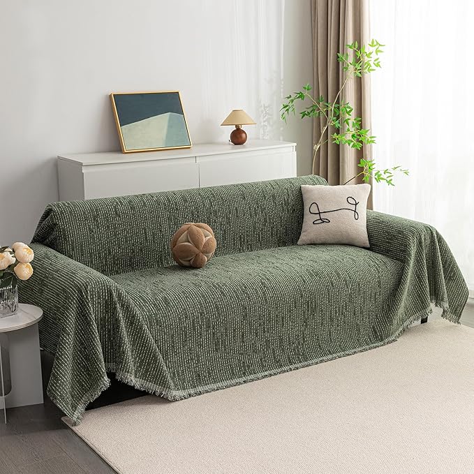 MYSKY HOME Couch Covers for 2 Cushion Couch Sofa, Chenille L Shape Sectional Couch Cover - Pet-Friendly, Machine Washable, Non-Slip Sofa Protector for Dogs, Kids, 71"x118", Moss Green