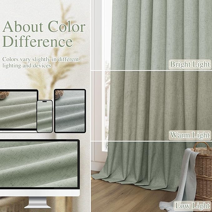 Guken 100% Blackout Curtains 90 Inch Length 2 Panels Set for Living Room Bedroom Back Tab Thermal Insulated Black Out Linen Drapes Room Darkening Window Curtains 90 Inches Long,Desert Sage