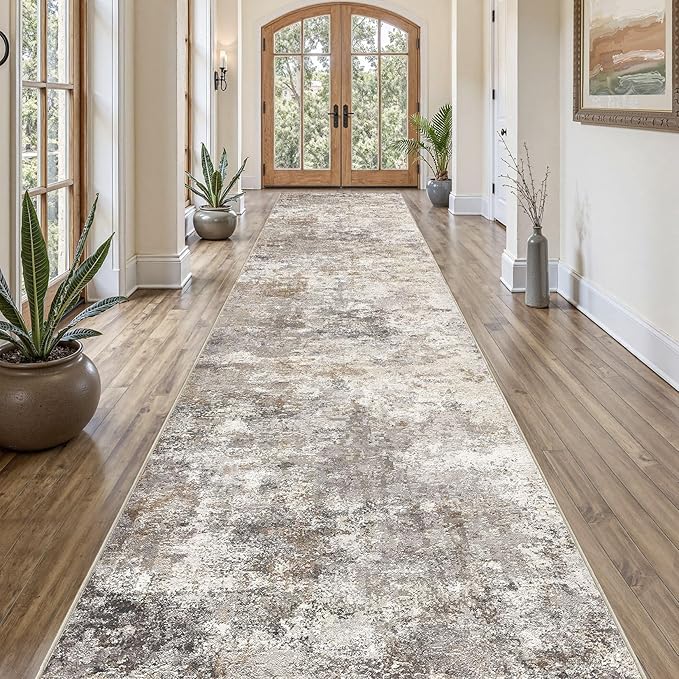 UERMEI 3X14 Washable Runner Rug for Hallway: Soft Neutral Modern Abstract Area Rug - Non-Slip Low Pile Long Throw Indoor Carpet for Kitchen Entryway Kitchen Bedroom Laundry - Brown Grey