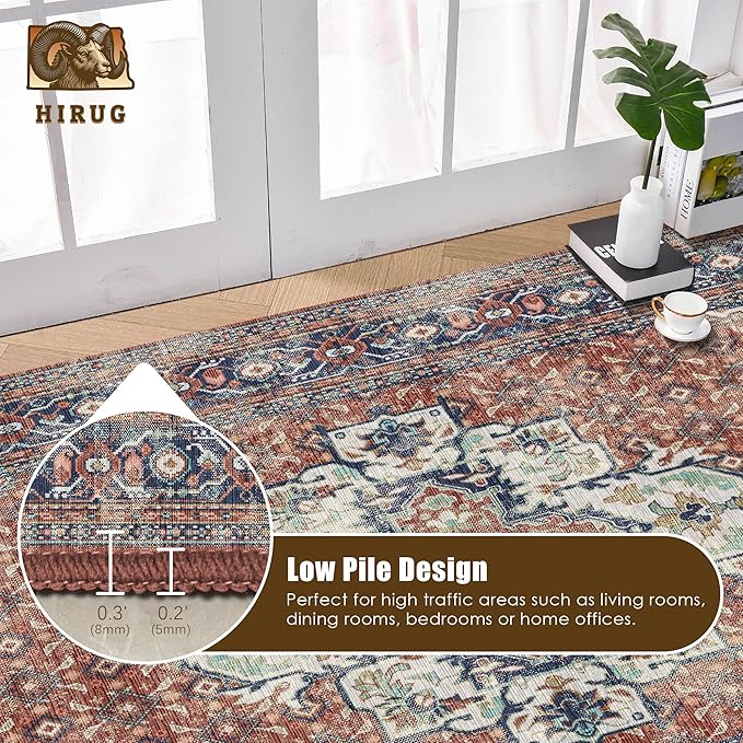 Washable Area Rug 3' x 5 ' Vintage Traditional Persian Mat - Foldable Distressed Non-Slip Machine Washable Carpet for Living Room Bedroom Kitchen Home Decor - Terracotta and Navy