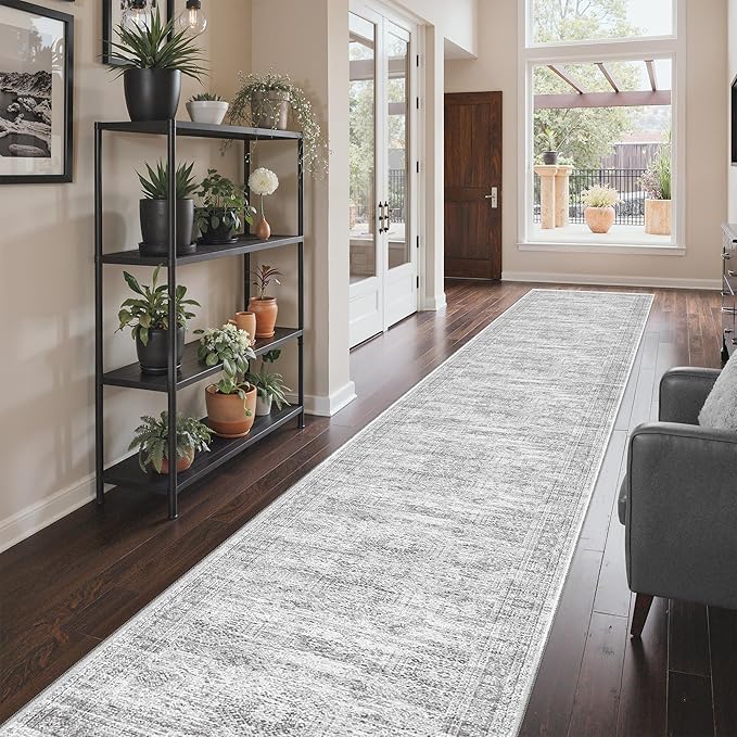 3x20 Washable Runner Rug for Hallway, Non-Slip Long Hallway Runner for Entryway, Soft Vintage Kitchen Mats for Floor, Abstract Dining Room, Bedroom, Living Room Rugs(3'x20', Grey/Ivory)