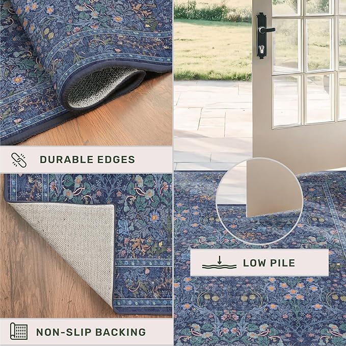 Hazo Haus Dark Blue Living Room Rug 8x10, Vintage Floral Washable Area Rugs for Bedroom, Dining Room Under Kitchen Table, Oriental Low Pile Stain Resistant Non-Slip Large Navy Decor