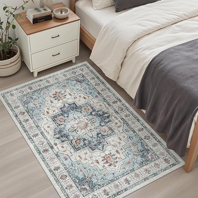 Madane Washable Entry Rug 3x4, Area Rugs for Entryway Kitchen Bathroom Door Mat Indoor Entrance, Vintage Floral Print Office Runner with Non Slip Rubber Backing, Blue