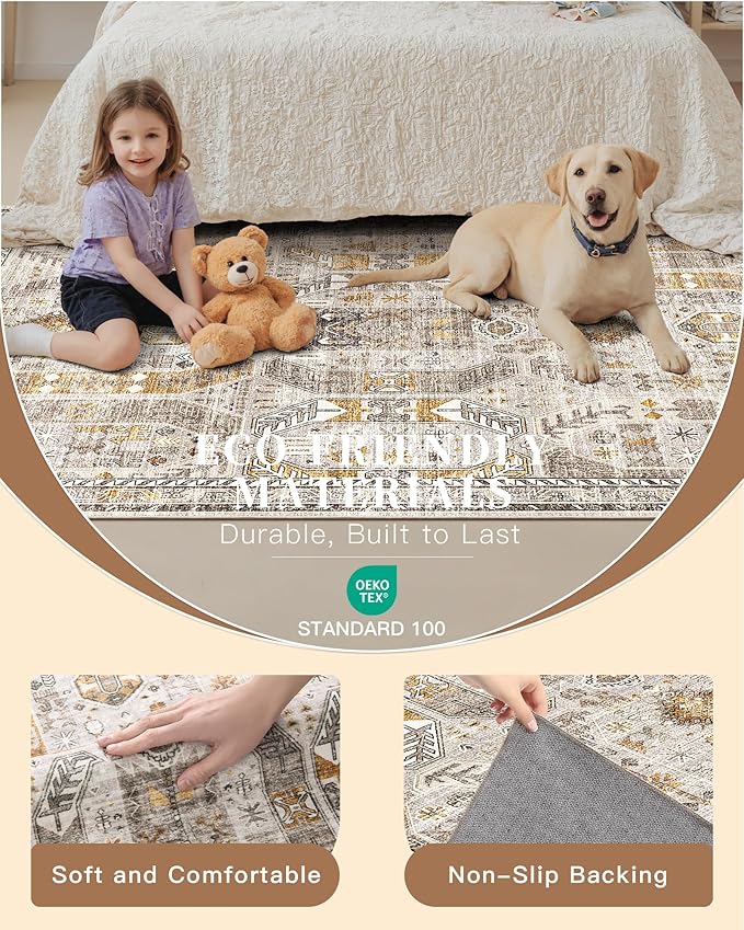 Madane Hallway Rug 3x10, Kitchen Rugs Washable Entryway Rug Vintage Kitchen Runners Non Slip Indoor Area Rug Farmhouse Carpet Runner for Bathroom Living Room Bedroom, Brown/Gold
