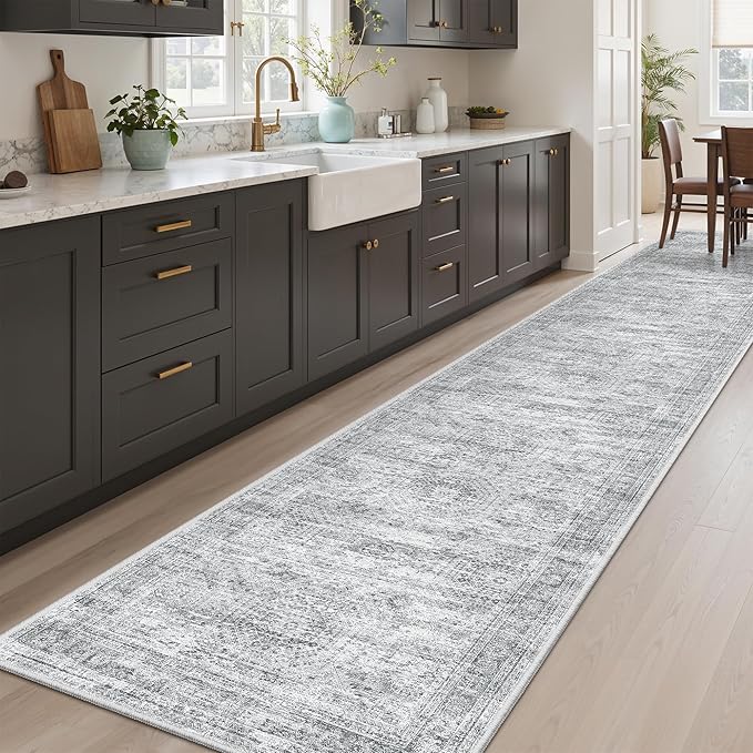 Runner Rug 2'6" x 12' Washable Non-Slip Runner Rugs for Kitchen Bathroom Laundry Room Vintage Ultra Thin Runners for Hallway Entryway Grey