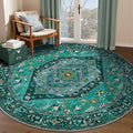 SERISSA Boho Round Area Rug, 6ft Washable Non-Slip Circle Rug, Ultra Soft Oriental Vintage Teal Low-Pile Circular Carpet for Bedroom Entryway Kids Room Office College Dorm Living Room