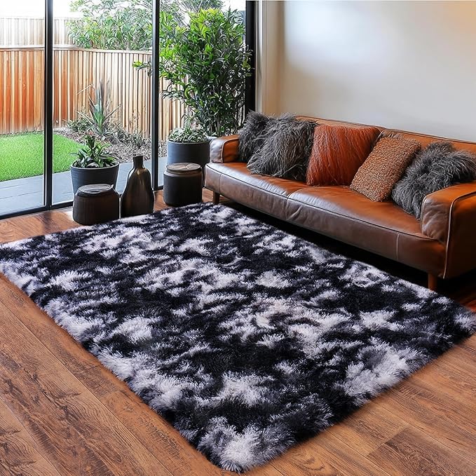 Black and White Rug for Bedroom, 5x7 Area Rug for Kids Room, Bedside Indoor Floor Fluffy Shag Carpet, Plush Soft Rug for Living Room Nursery Dorm Home Decor