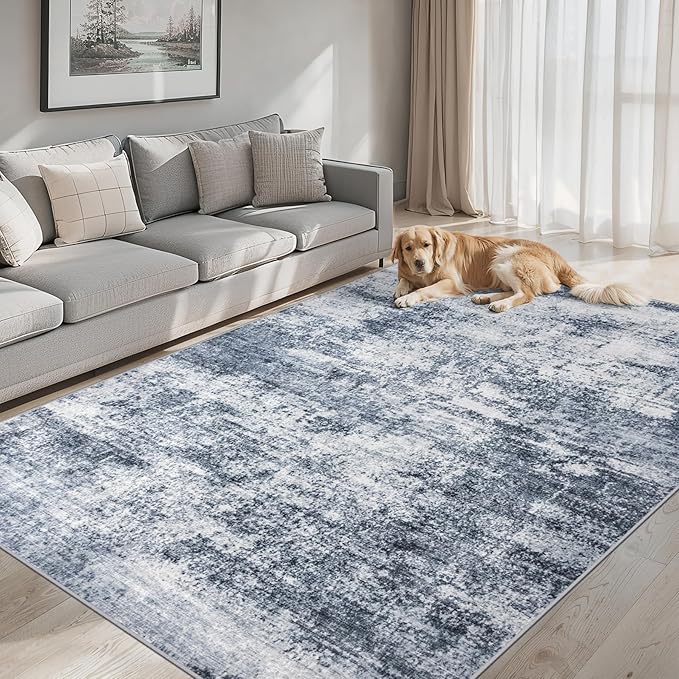 8x10 Area Rugs for Living Room - Washable Rug Modern Abstract Soft Large Neutral Non-Slip Carpet Indoor Floor Thin Carpets for Bedroom Dining Room Farmhouse Nursery Home Office Grey Blue