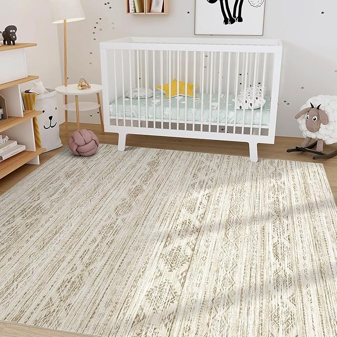Nakagishi 7X9 Area Rug Living Room: Washable Boho Large Neutral Modern Soft Farmhouse Beige Rugs Stain Resistant Indoor Floor Non-Slip Carpet for Women Home Enthusiasts Aged 25-45 - Bedroom Room Decor