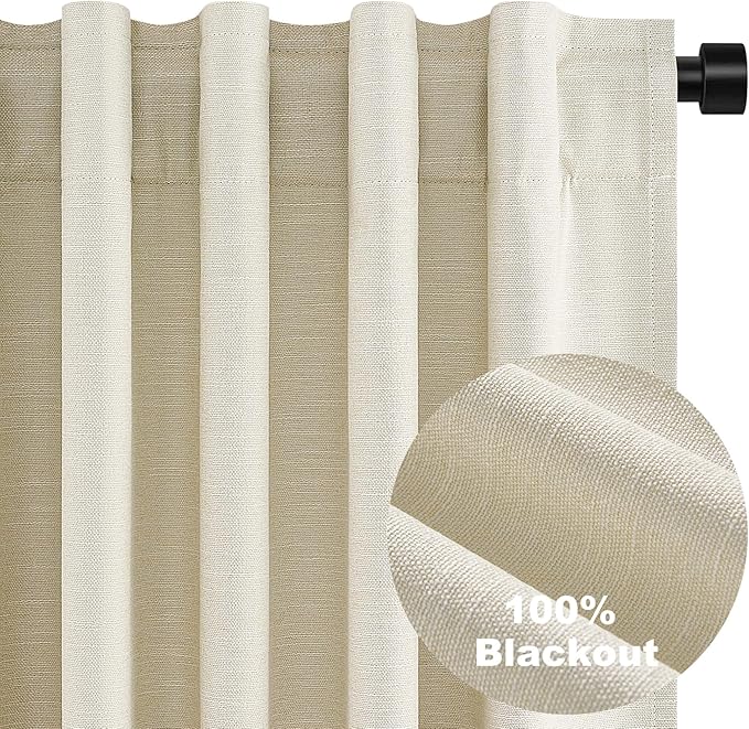 Cream Extra Long 120 Inch Blackout Curtains for Large Window Treatment Natural Farmhouse Thick Linen Texture Sound Proof Drapes Room Divider Pleat Ceiling Track Burg Bedroom 10Ft(W52 xL132 2 Panels)