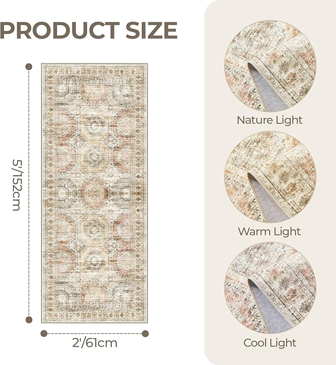 2x5 Rug Runner Washable for Entryway, Soft Bathroom Rugs with Non-Slip Backing, Abstract Low Pile Hallway Runner, Vintage Small Kitchen Carpet for Stair, Laundry Room(2'x5', Brown/Pink)