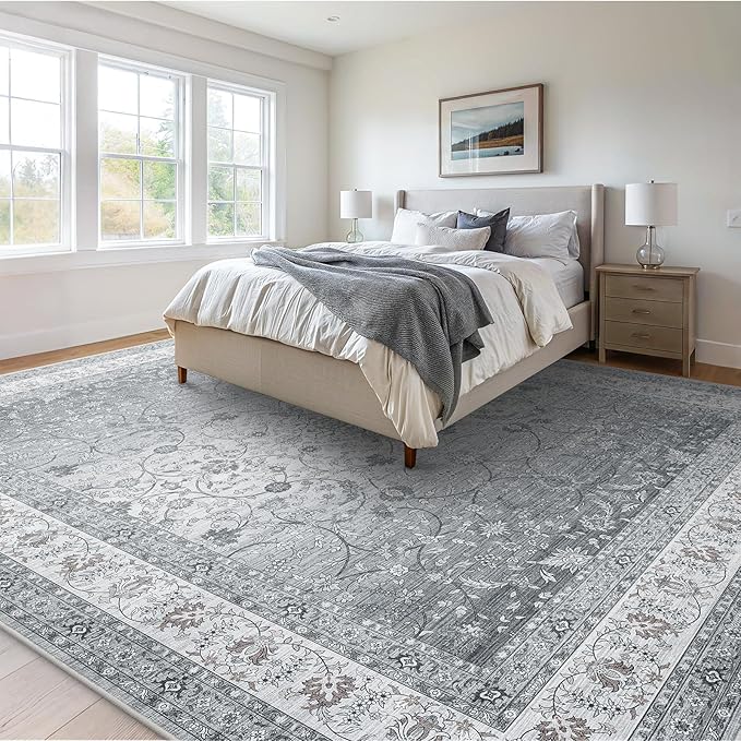 AMADA HOMEFURNISHING 8x10 Area Rugs, Washable Living Room Rug with Non-Slip Backing, Low Pile and Durable Edge Binding, Soft Vintage Floral Rugs for Living Room, Bedroom, Dining Room