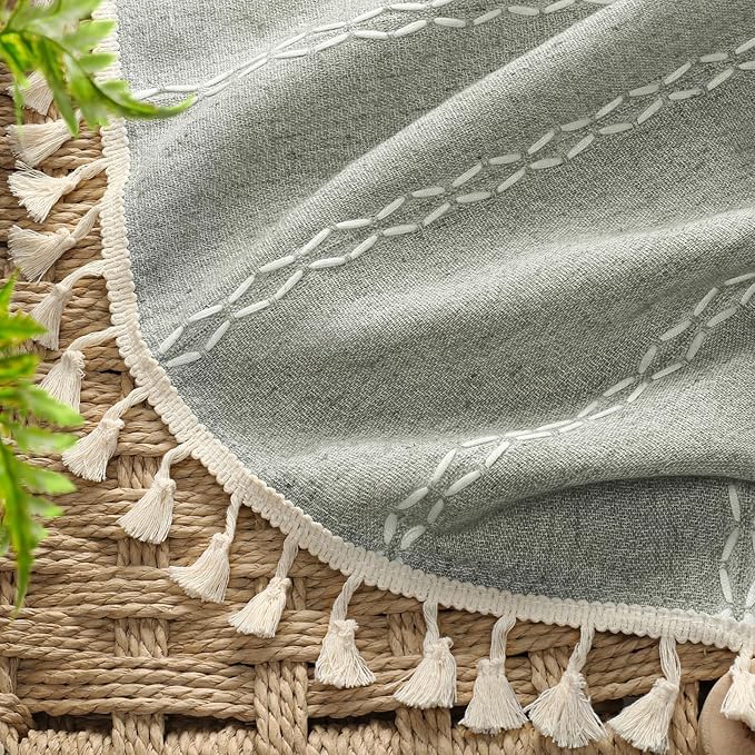 Sage Green Boho Blackout Curtains 2 Panels 84 Inch for Living Room Bedroom, Linen Texture Farmhouse Curtains with Tassels and White Cotton Embroidery Vintage Rustic Country Western