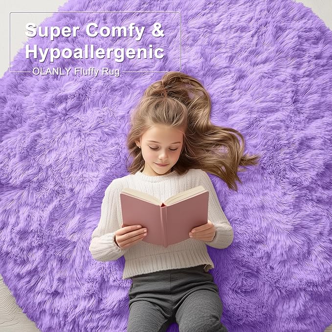 OLANLY Purple Round Rugs for Bedroom - Machine Washable, 3 ft Circle Area Rugs for Living Room, Soft and Fluffy Shaggy Carpet for Teen Girls and Boys, Nursery Rooms, Dorms, Home Decor Aesthetic