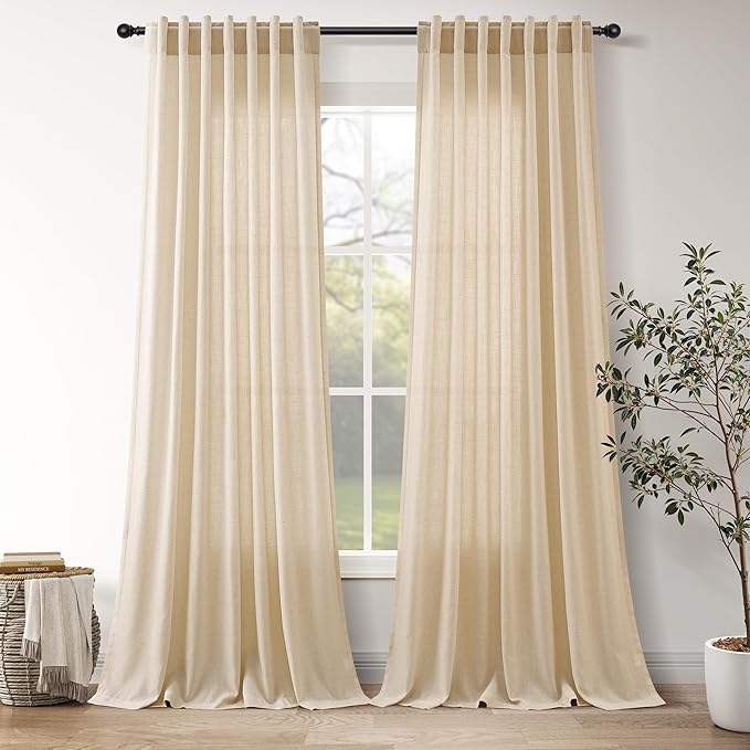 Extra Long Tan Linen Curtains 120 Inches for Living Room Back Tab Neutral Farmhouse Drapes Light Filtering Semi Sheer Curtain 120 inch for Floor to Ceiling Window Patio Sliding Door,2 Panels