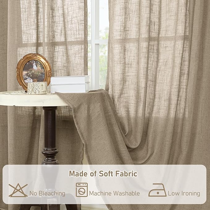 LAMIT Taupe Linen Curtains 24 Inch Length, Semi Sheer Light Filtering Window Panels Back Tab and Rod Pocket Drapes for Basement/Small Windows, 25 x 24 Inch, 2 Panels