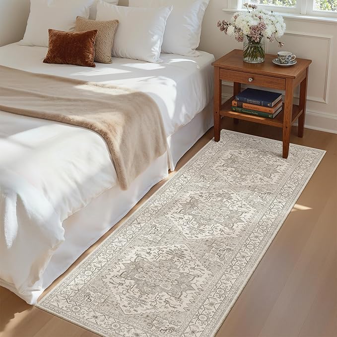 Madane Washable Runner Rug - 2x6 Rug Runners for Hallways 6 Foot Non Slip Vintage Kitchen Runner Rug Ultra-Thin Bathroom Runner Rugs Carpet Laundry Room Bedroom (2x6ft, Beige/Brown)