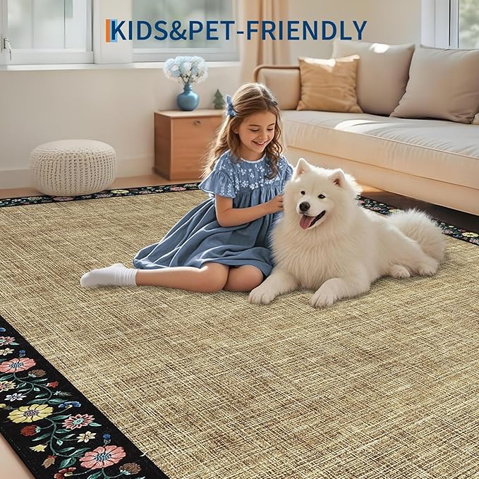GarveeHome Washable Rugs for Living ROM 8 x 10 Large Area Rug Farmhouse Floral Bordered Bedroom Carpet Indoor Non-Slip Nursery Mat Soft Non Shedding Stain Resistant Carpet for Dining Room, Brown