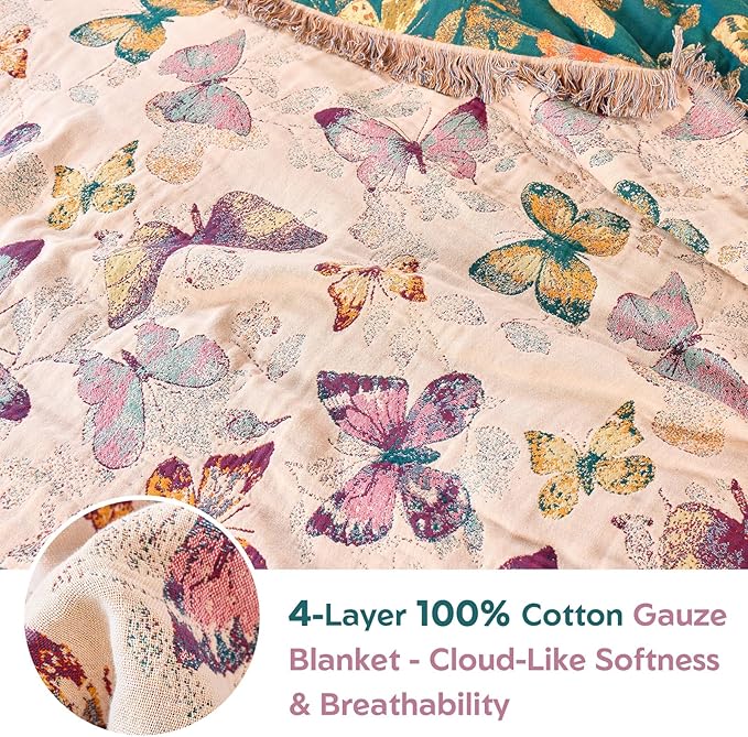 MSGKV Boho Throw Blanket for Couch Cotton Butterfly Blanket 50"x60" Sofa Chair Blankets All Seasons Muslin Spring Breathable Lightweight Farmhouse Blankets Home Decor