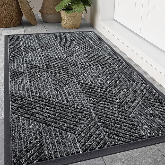 Smiry Front Door Mat Outside Entrance, Heavy Duty Sturdy Natural Rubber Doormat, Trap Dirt and Moisture, Easy Clean Low Profile Mats for Indoor Outdoor Entry, Irregular Triangle (59x20, Grey)