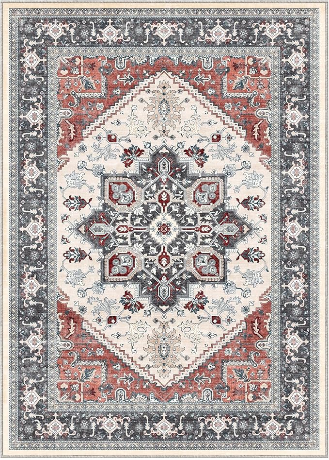 OPPODREAM Soft Area Rugs 5x7, 5x7 Washable Rug with Non Slip Backing, 5 x 7 Faux Cashmere Low-Pile Carpet, Black & Red