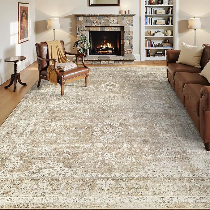 Madane Washable 6x9 Area Rugs for Living Room, Vintage Natural Rug with Non-Slip Backing, Soft Stain Resistant Throw Rugs Thin Carpet for Bedroom Dining Room Farmhouse (6 x 9, Beige/Brown)