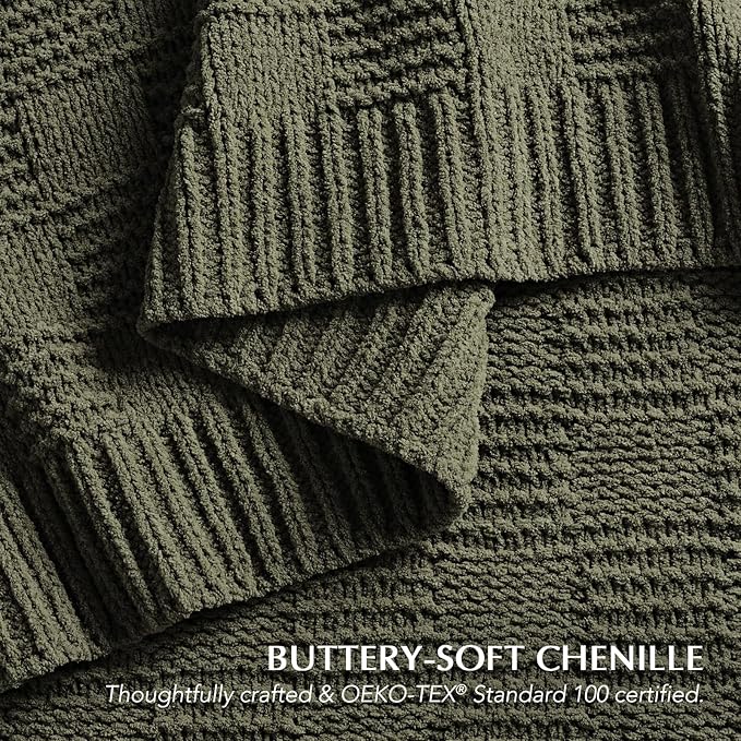 EVERGRACEHOME Modern Checkered Chenille Throw Blanket, Soft Cozy Plaid Knitted Blanket for Sofa & Couch, Decorative Knit Throw for Bed and Living Room, Olive Green, 60" x 80"