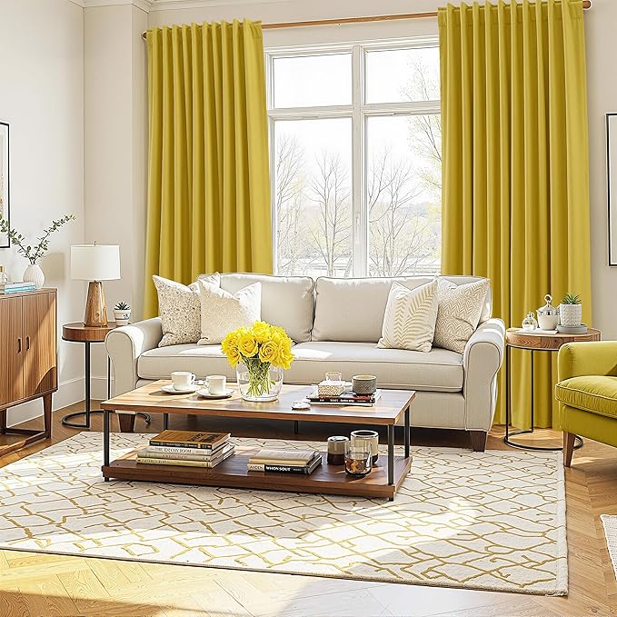 Guken 100% Blackout Curtains 84 Inch Length 2 Panels Set for Living Room Bedroom Back Tab Thermal Insulated Black Out Linen Drapes Room Darkening Celery Yellow,52x84