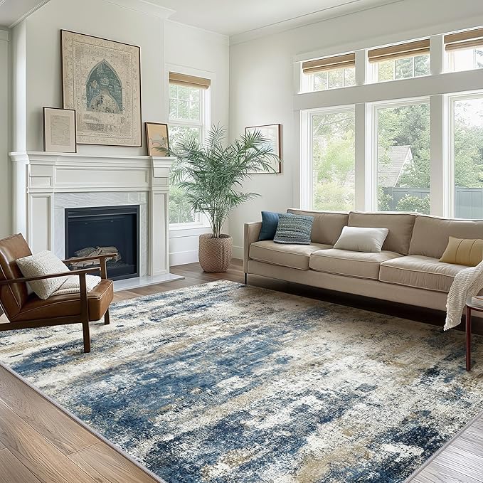 BEIMO Area Rugs 6x9 for Living Room Bedroom, Modern Abstract Machine Washable Rug, Large Soft Low Pile Floor Carpet with Non Slip Backing for Dining Room, Navy Blue Beige