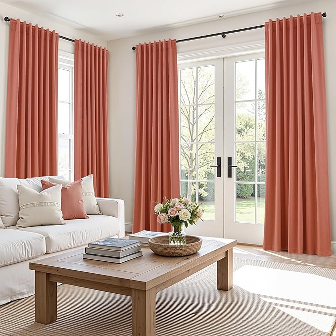 Guken 100% Blackout Curtains 90 Inch Length 2 Panels Set for Living Room Bedroom Back Tab Thermal Insulated Black Out Linen Drapes Room Darkening Coral,52x90