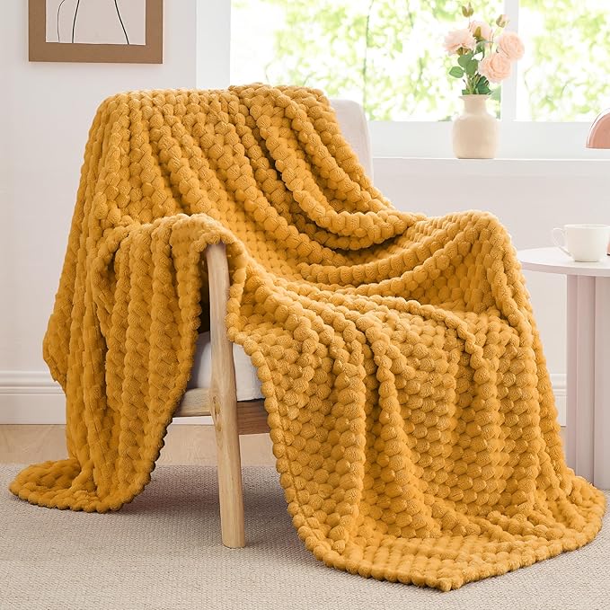 BEDELITE Fleece Blanket - 3D Jacquard Decorative Mustard Yellow Throw Blankets for Couch & Bed, Soft and Cozy Warm Plush Fluffy Blanket All Seasons Suitable, 50x60Inches
