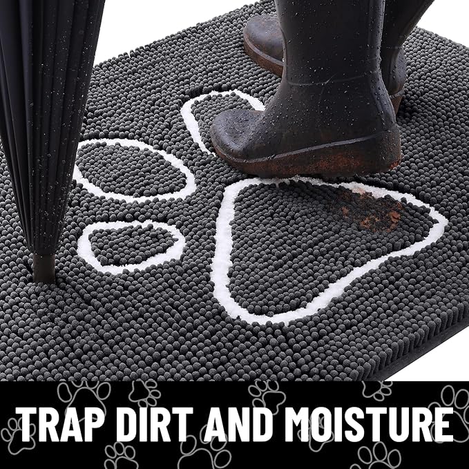 Smiry Dog Door Mat for Muddy Paws, Absorbent Dirt Trapper Non Slip Quick Dry Washable Chenille Mat for Mud Dogs, Entry Rug for Indoor and Outdoor (47x32 Inches, Dark Grey and White)