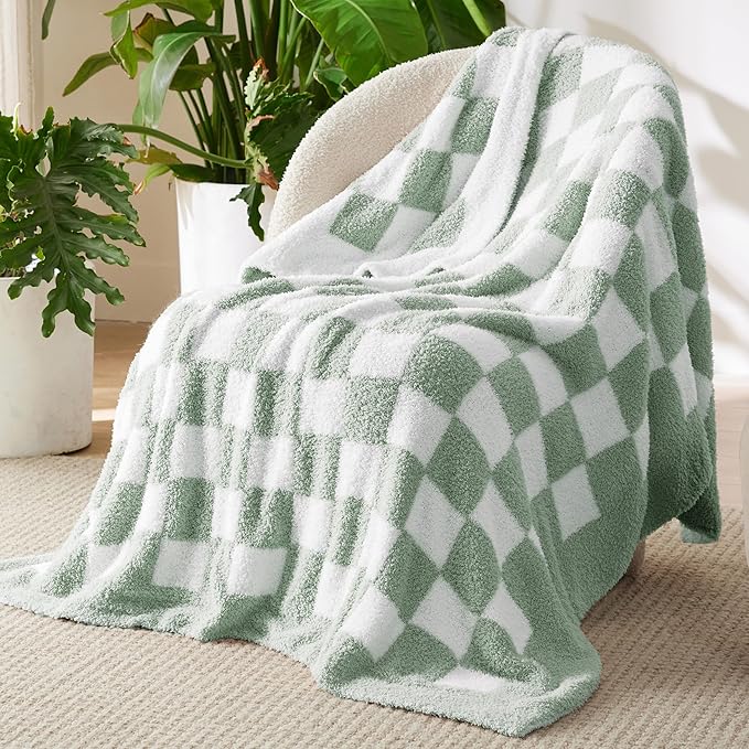 Bedsure GentleSoft Checkered Throw Blanket for Couch - Super Soft Cozy Fluffy Green Blanket, Lightweight Warm Knit All Season Blanket for Bed Sofa, Birthday, for Women, 50x60 Inches