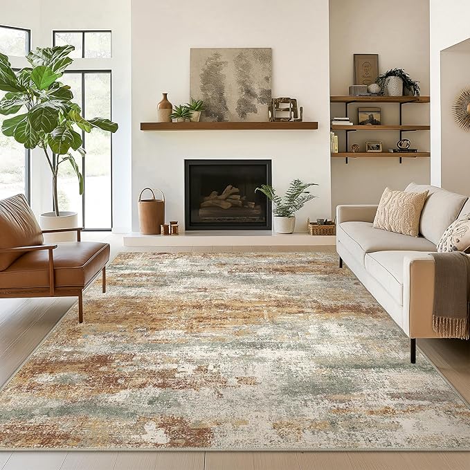 Area Rugs 8x10 for Living Room Bedroom, Modern Abstract Machine Washable Rug, Large Soft Low Pile Floor Cover with Non Slip Backing for Dining Room, Orange Green