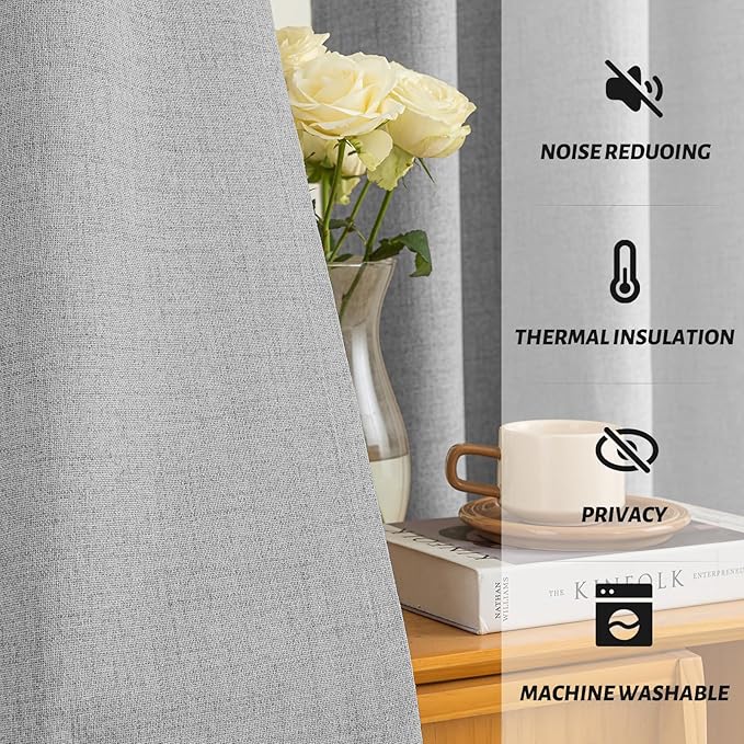 Yakamok Dove Grey Linen Curtains 100% Blackout 72 Inches Long,Room Darkening Textured Curtain for Living Room Thermal Grommet Bedroom Curtains 2 Panels with Greyish White Liner