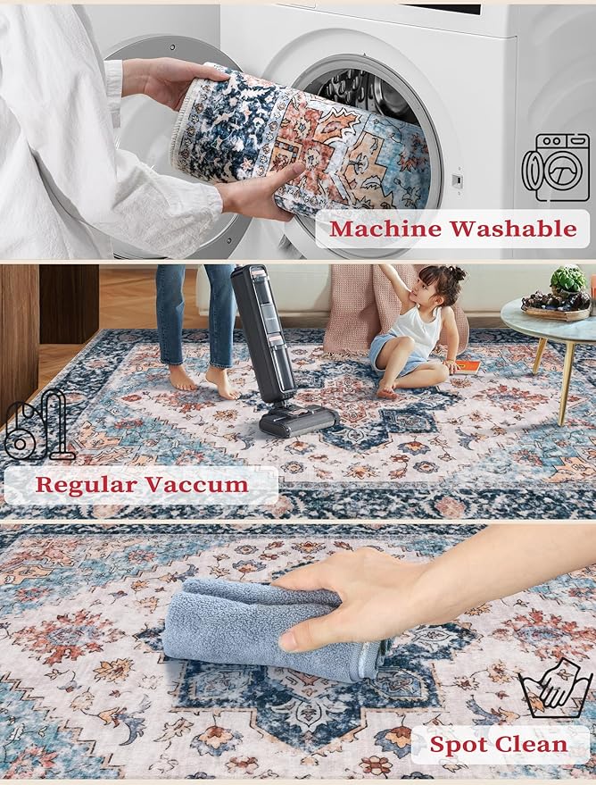 SERISSA Runner Rug for Hallways, 2'6"x14' Washable Non Slip Kitchen Runner Rug, Extra Long Boho Rug Ultra Soft Vintage Blue Orange Floor Carpet for Bedroom Hallway Entryway Bathroom Laundry Room