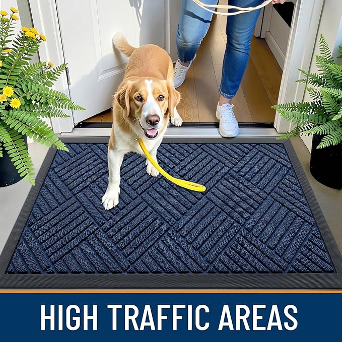OLANLY Front Door Mat Outside Entrance 71x23, Absorbent, Heavy Duty Sturdy Natural Rubber Doormat Indoor Outdoor, Stain Fade Resistant, Non-Slip Low Profile Floor Mat for Entryway, Navy Blue Diamond