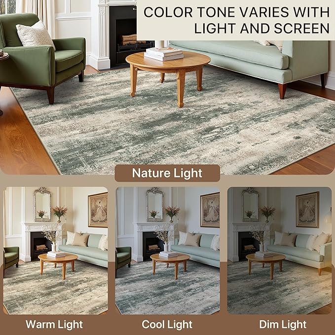 BEIMO Reversible 6x9 Area Rugs for Living Room, Modern Abstract Dual-Sided Carpet, Machine Washable Soft Low Pile Rug for Bedroom Dining Room, Includes Non-Slip Rug Pad, Green & Grey