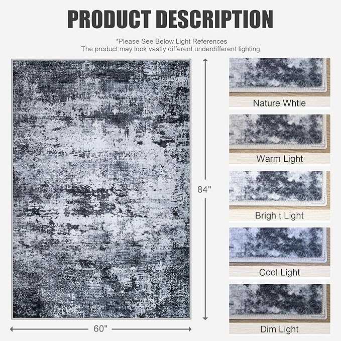 5x7 Area Rug Living Room Rug: Washable Modern Abstract Soft Thin Rug Indoor Floor No Slip Stain Resistant Carpet for Bedroom Dining Room Farmhouse Nursery Home Office - Black