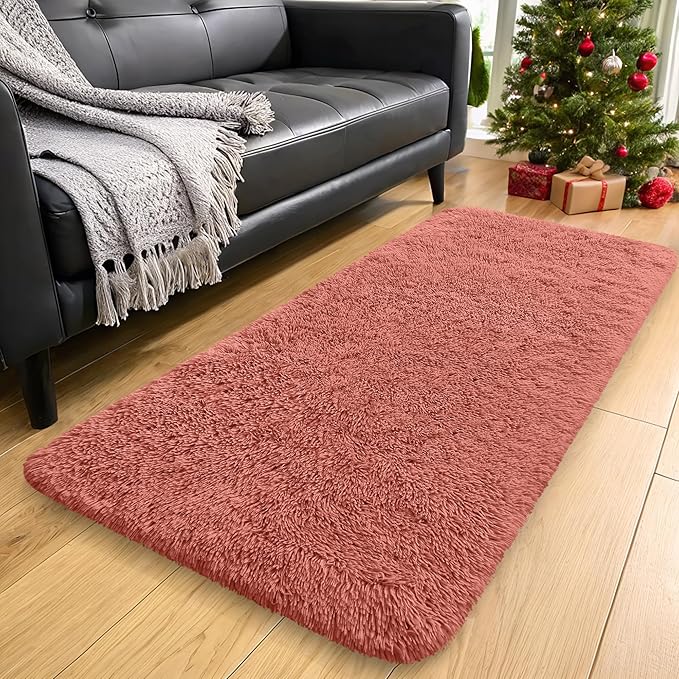 OLANLY 2x4 Machine Washable Runner Rugs for Hallway, Soft Fluffy Shaggy Bedside Rugs for Bedroom, Living Room, Indoor Floor Carpet for Kids Girls and Boys, Home Decor Aesthetic, Rust Red