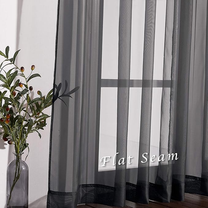 NICETOWN 96" Long Sheer Curtains - Nickel Grommet Top Lighter Weight Airy Window Voile Panel Decorations for Living Room (W54 Inches, Black, 1 Pair)