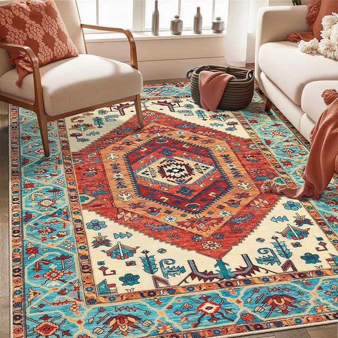 SERISSA Area Rug 3x5 Boho Orange Rugs for Bedroom, Washable Non-Slip Kitchen Rugs, Ultra Soft Print Distressed Tribal Entry Rug Low-Pile Throw Rug Carpet for Bedroom Nursery Living Room Dorm Decor