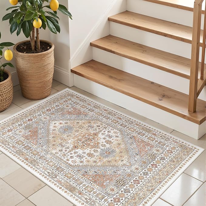 3x4 Washable Area Rug for Entryway, Soft Kitchen Rugs Non Slip for Dining Room, Vintage Living Room Rug, Thin Area Rugs Indoor for Bedroom, Kids Room Decor(Orange,3'x4')