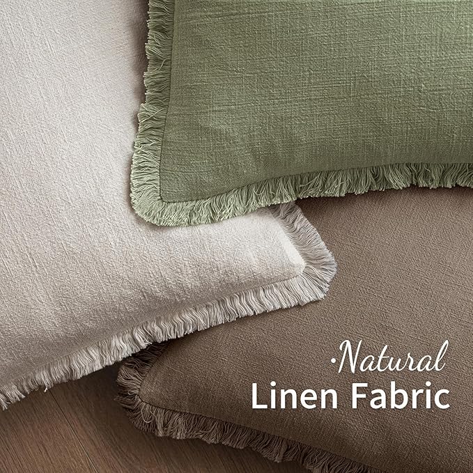 MIULEE Decorative Throw Pillow Covers Neutral Linen Fringe Throw Pillows Euro Shams Set of 2 Cocoa Brown Boho Farmhouse Cushion Covers for Couch Sofa Bed Living Room Spring Home Decor 24x24 Inch