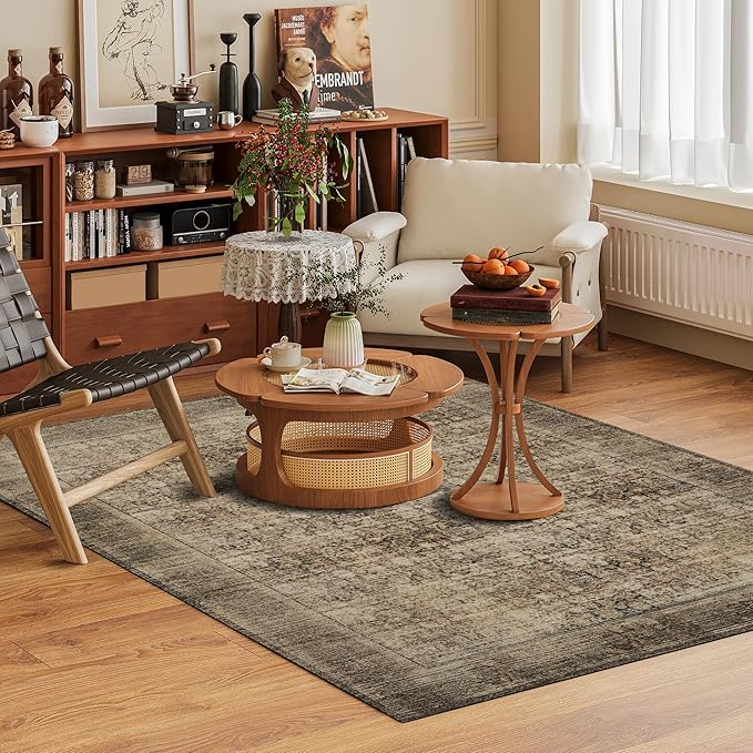 Washable Area Rug 3' x 5 ' Vintage Traditional Persian Mat - Foldable Distressed Non-Slip Machine Washable Carpet for Living Room Bedroom Kitchen Home Decor - Mocha and Taupe