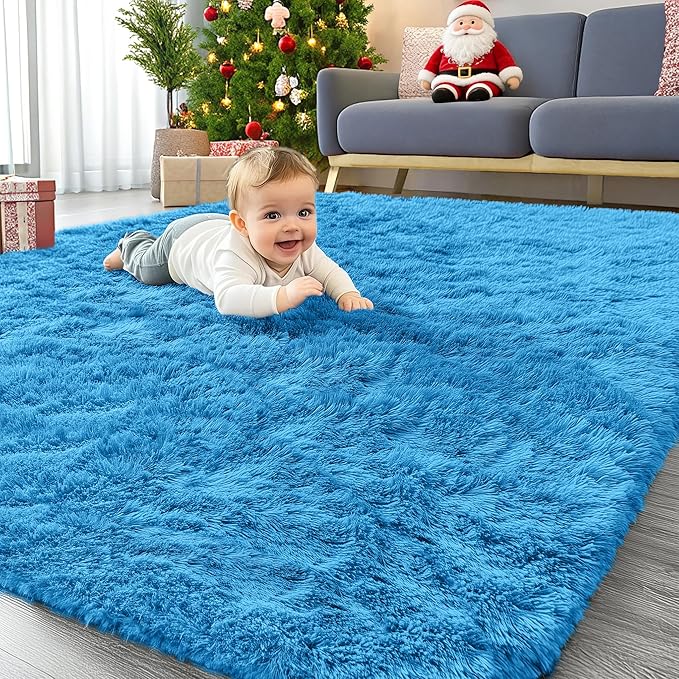 OLANLY Area Rugs for Living Room Bedroom, Machine Washable 4x5.9 ft Soft Fluffy Shaggy Bedside Rug, Indoor Floor Carpet for Kids Girls and Boys, Dorms, Nursery Rooms, Home Decor Aesthetic, Bright Blue
