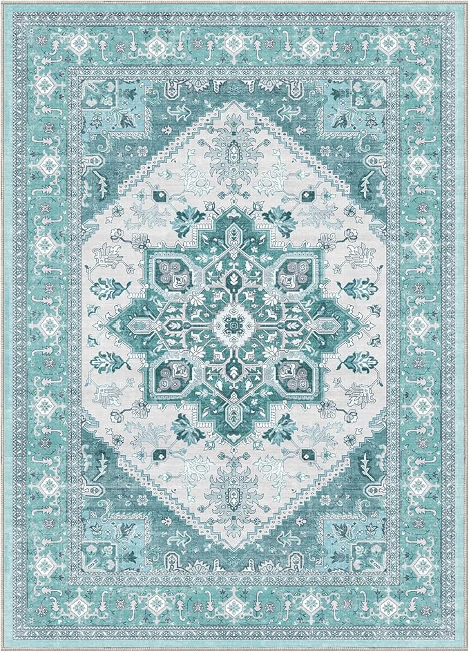 OPPODREAM Soft 10x14 Area Rugs, Washable Rugs 10x14 with Non Slip Backing, Low-Pile Faux Cashmere 10 x 14 Carpet, Teal & Turquoise & Cream