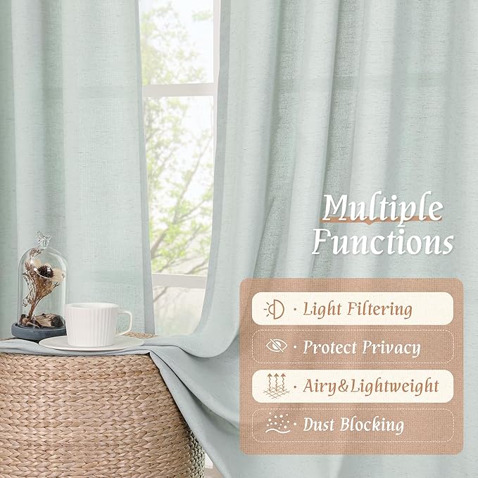 LAMIT Linen Curtains 63 Inch for Bedroom, Light Filtering Neutral Semi Sheer Window Treatment Farmhouse Curtains Rod Pocket Panels for Living Room/Dining Room, 2 Panels, 52 x 63 Inch, Light Blue