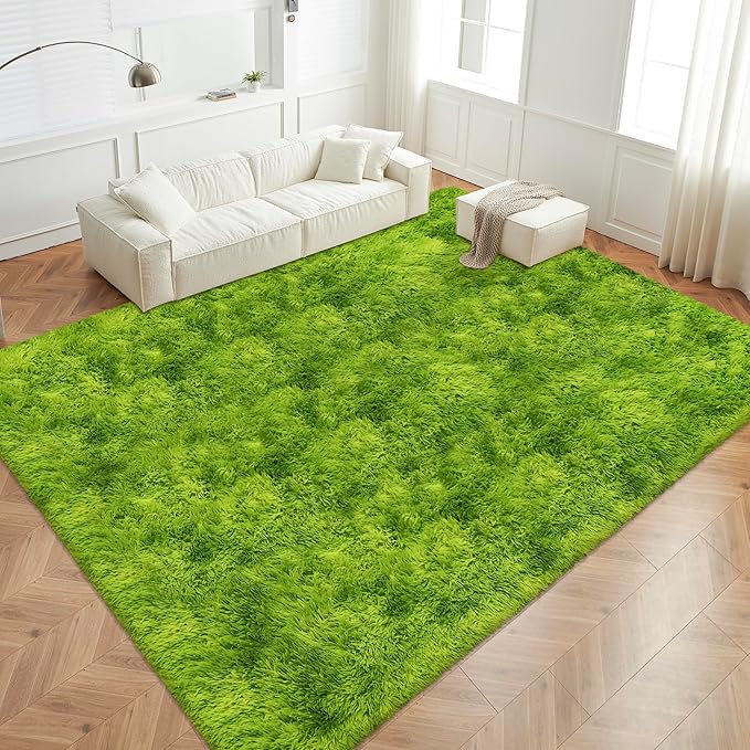 Green Tie-Dyed Rug for Living Room 8x10 Fluffy Area Rug Mat Bedside Throw Rug for Bedroom Kids Room Boys Teens Nursery Baby Dorm Office Home Decor Aesthetic Carpets